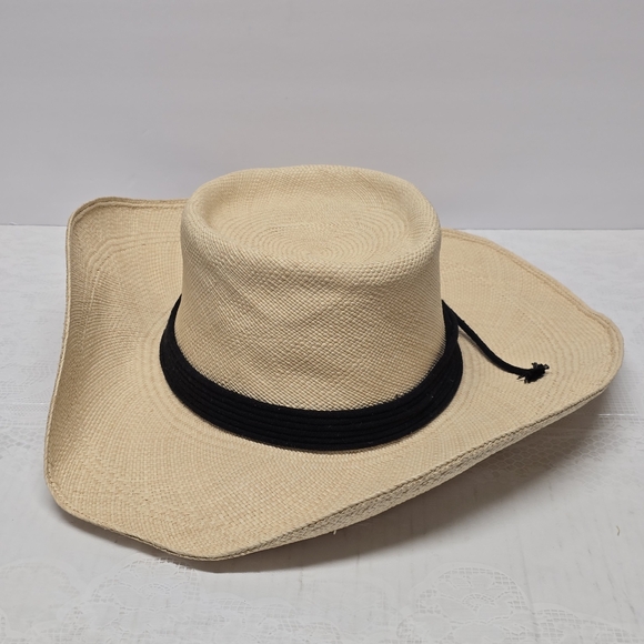 Artesano Puglia Elegant Cream Wide-Brim Toquilla Straw Hat Black Band Boho Chic - Picture 2 of 11